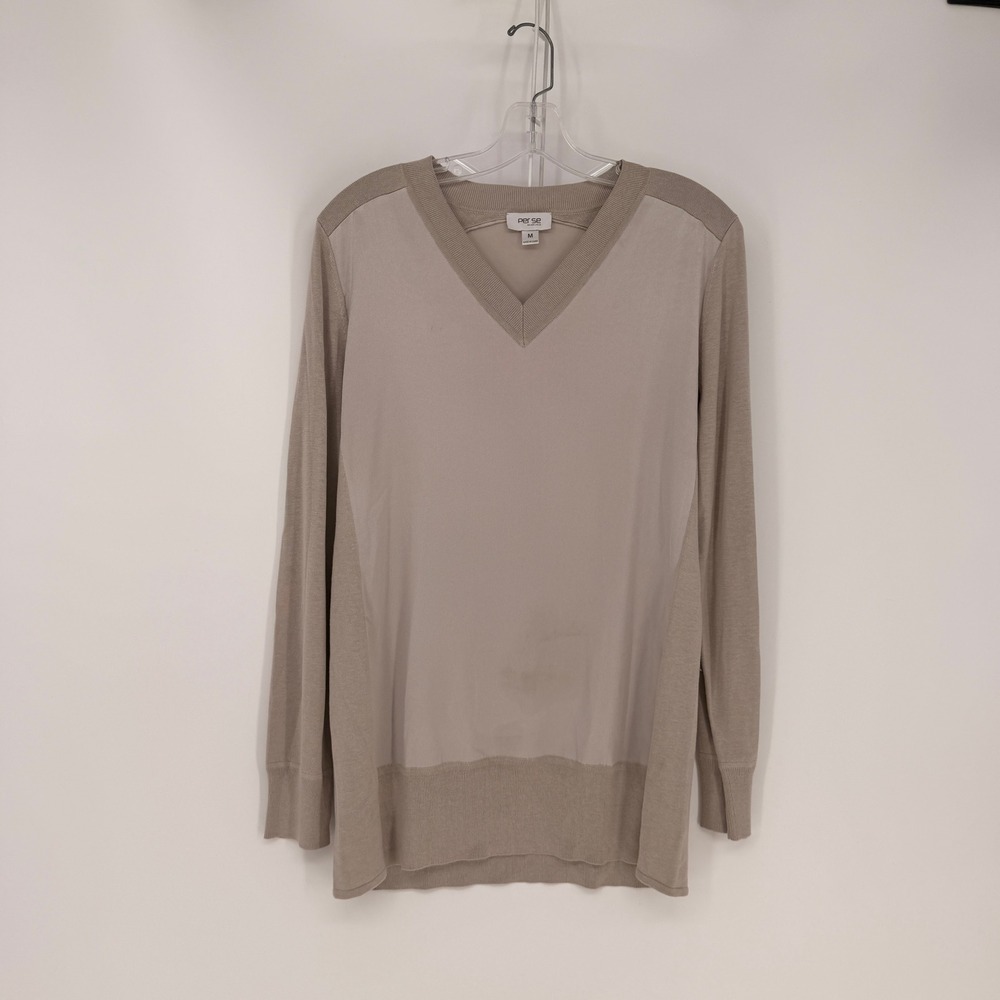 Per Se by Carlisle Sweater Womens Medium Taupe Silk Cotton Mixed Media V-Neck